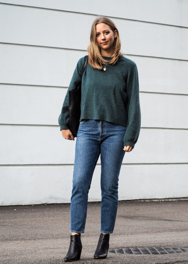 Fall Outfit Inspiration Cozy Sweater Denim Ankle Boots Emily