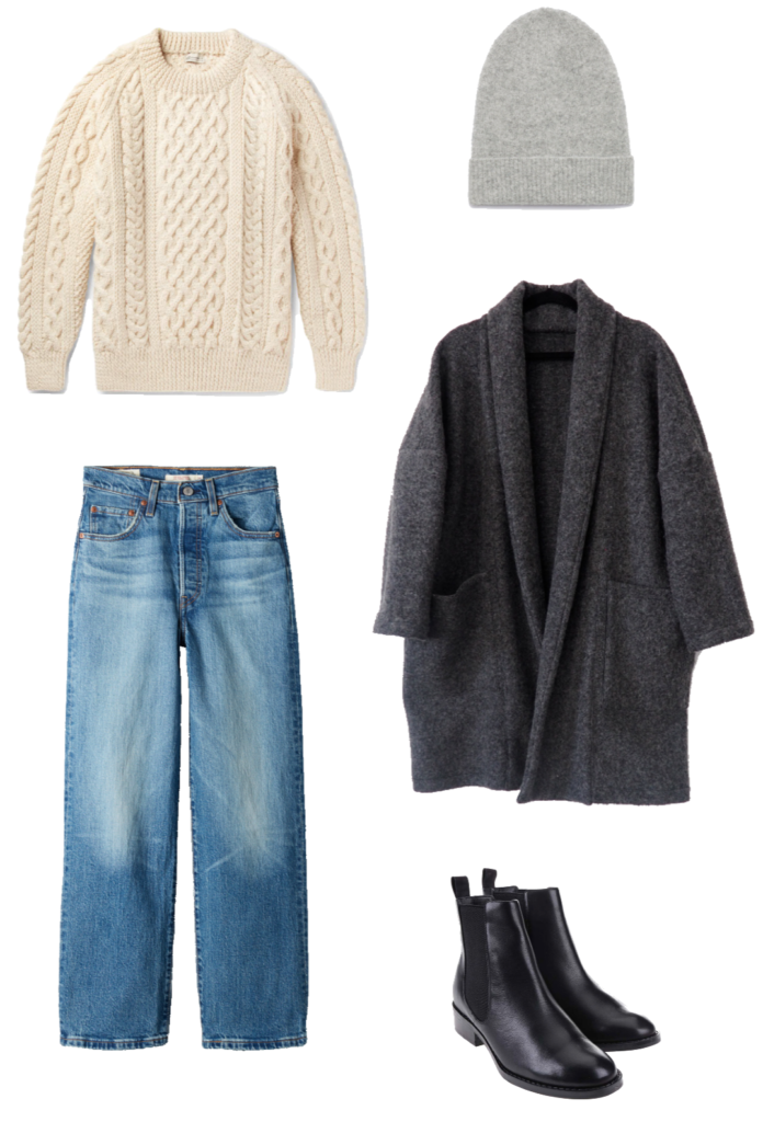 Basic winter outfit with fishermen's knit, long cardigan, medium wash denim, chelsea boots