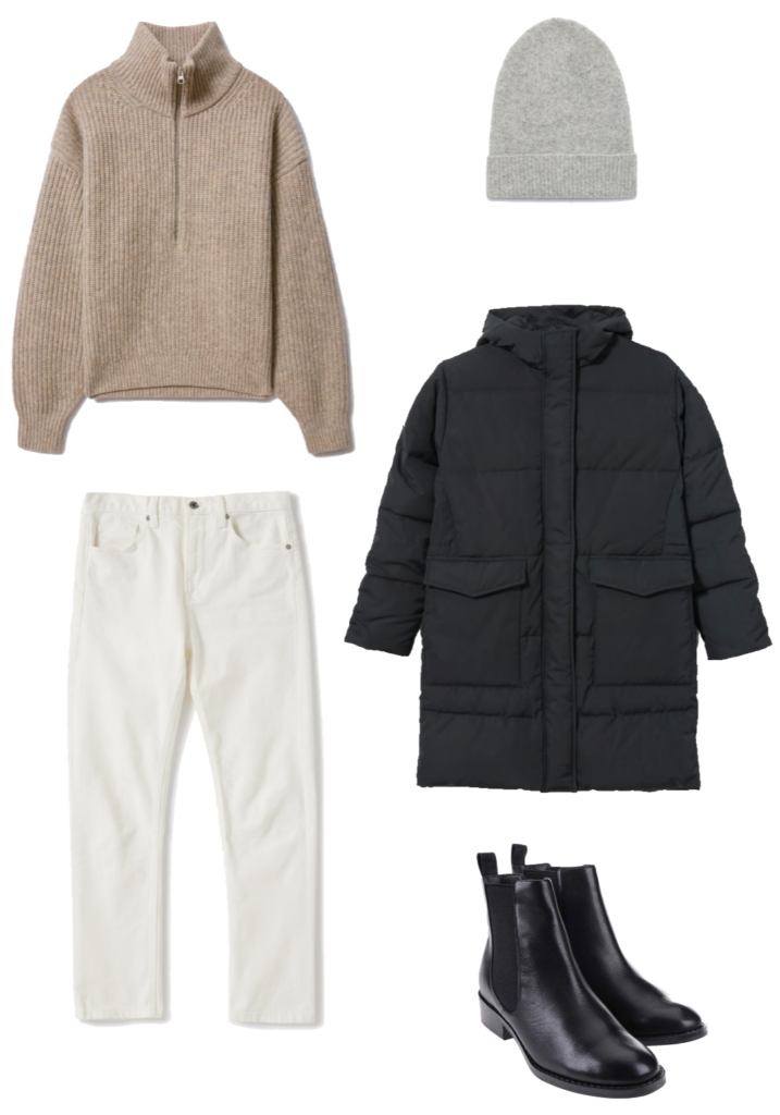 Basic winter outfit with half zip sweater, ecru denim, parka, chelsea boots
