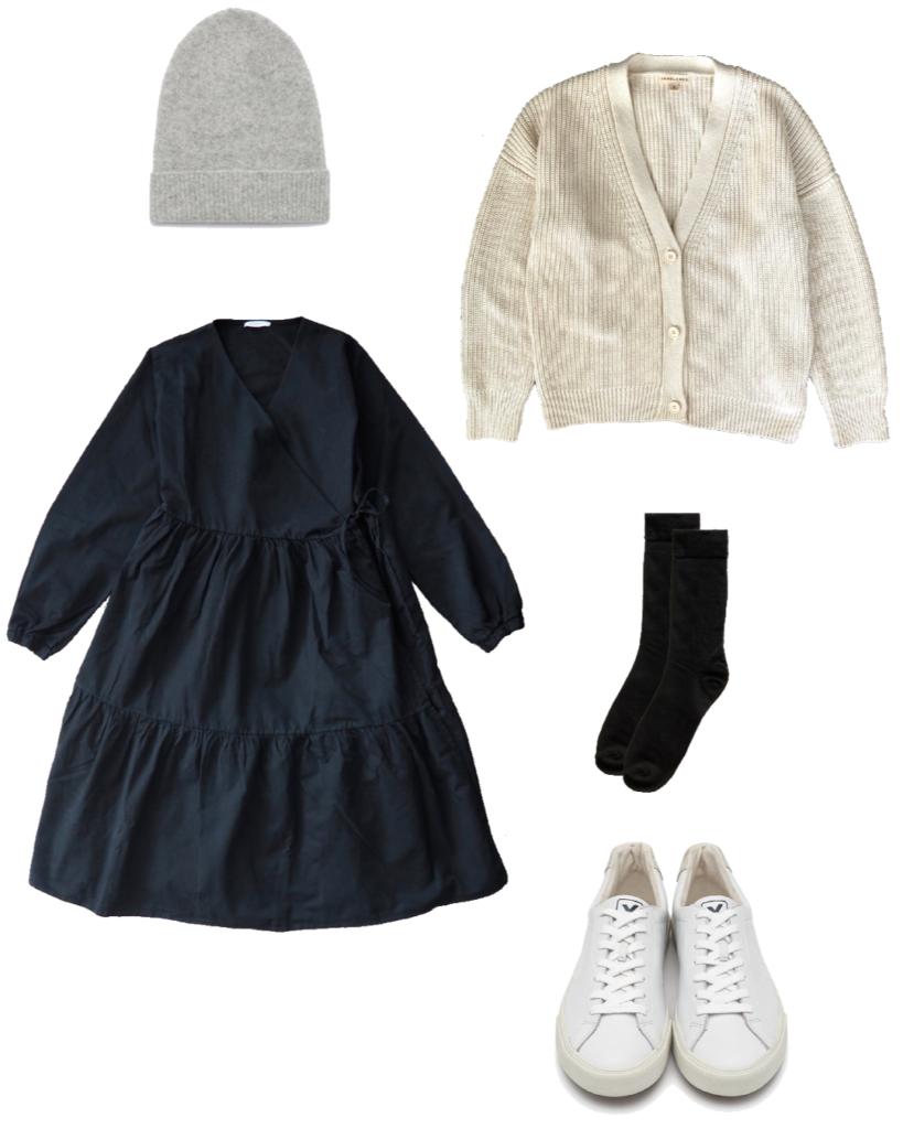 Basic winter outfit with black dress, cardigan, sneakers