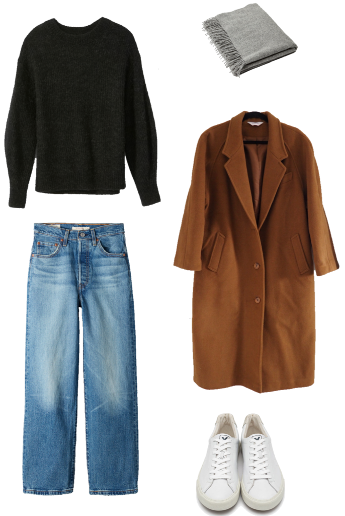 Basic winter outfit with black crew sweater, medium wash denim, camel coat, sneakers
