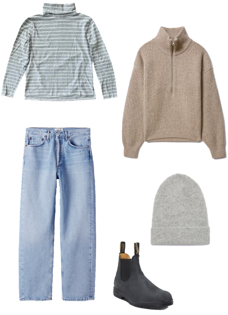 Basic winter outfit with turtleneck, half zip sweater, light wash denim, winter boots