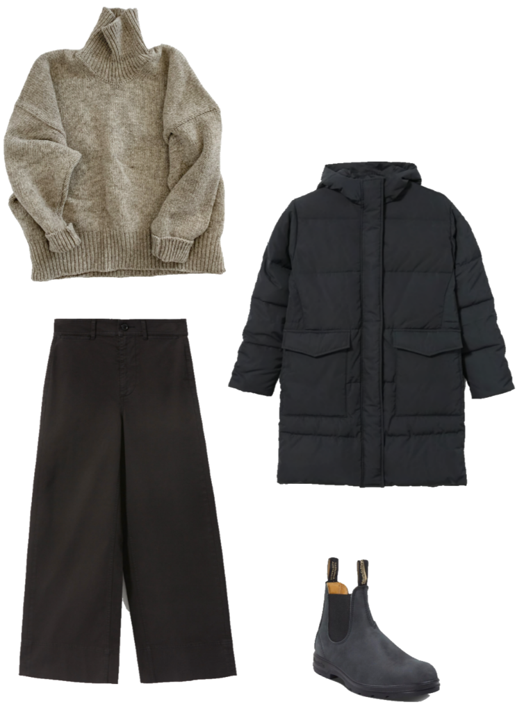 Basic winter outfit with chunky turtleneck, wide leg pants, parka, winter boots