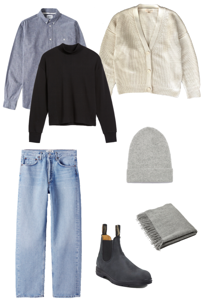 Basic winter outfit with black mockneck, chambray shirt, cardigan, light denim, winter boots