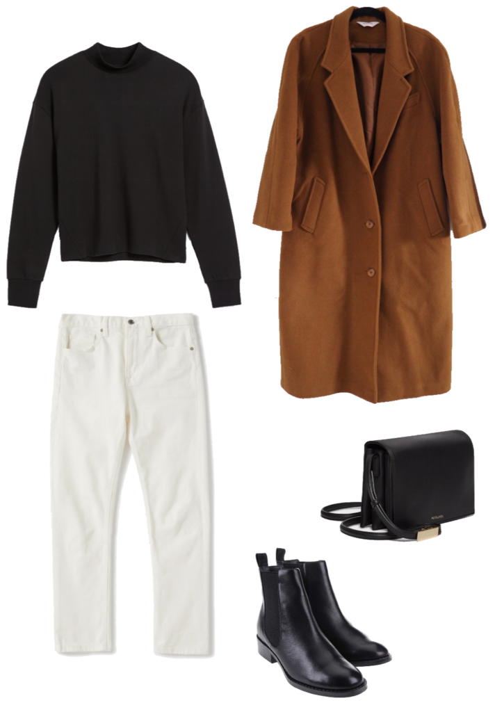 Basic winter outfit with black mockneck, ecru denim, camel coat, chelsea boots