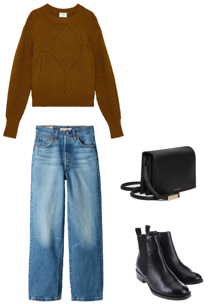 Basic winter outfit with ochre crew sweater, medium wash denim, chelsea boots