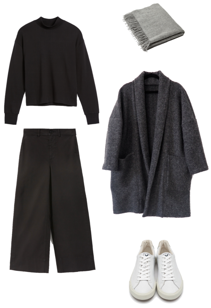 Basic winter outfit with black mockneck, wide leg pants, long cardigan, sneakers