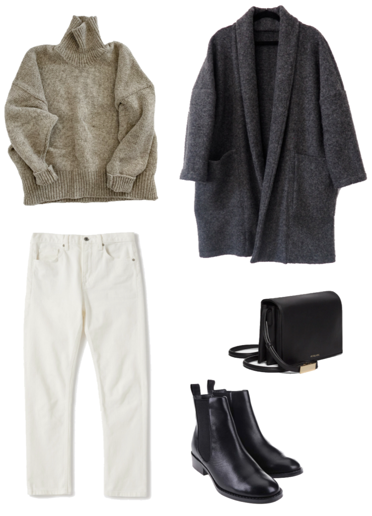 Basic winter outfit with chunky knit, ecru denim, long cardigan, chelsea boots