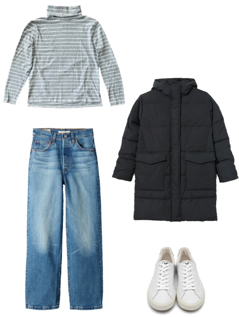 Basic winter outfit with grey turtleneck, medium wash denim, black parka, white sneakers