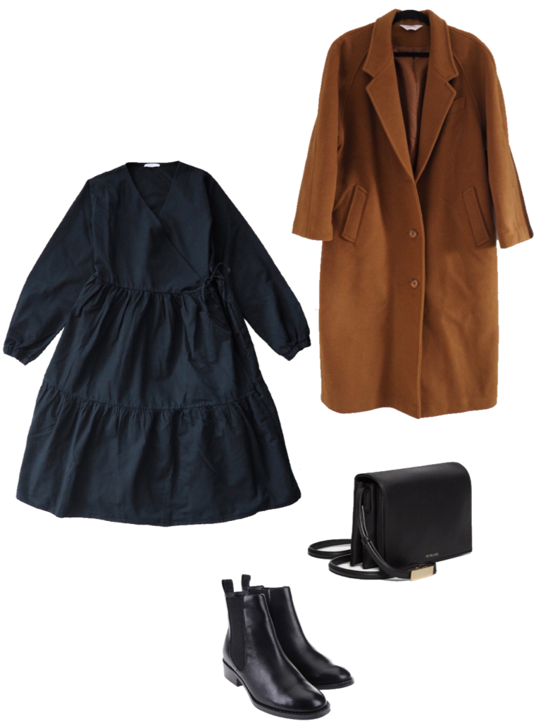 Basic winter outfit with black dress, camel wool coat, chelsea boots