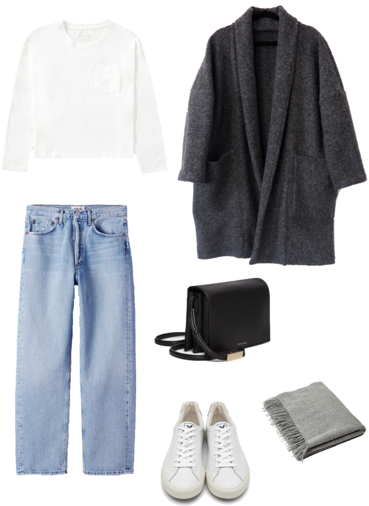 Basic winter outfit with white tee, light denim, long cardigan, white sneakers