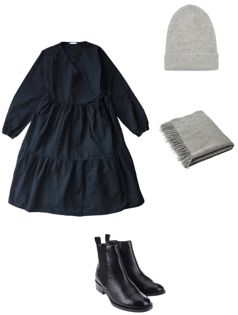 Basic winter outfit with black dress and chelsea boots