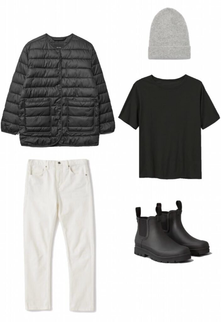 Quilted liner jacket, white denim, rain boots outfit