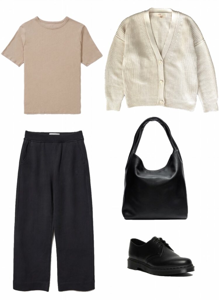 Basic tee, cardigan, and wide leg pants outfit