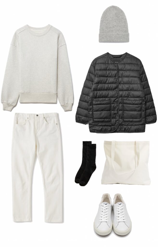 Grey sweater, white denim, and quilted liner jacket outfit
