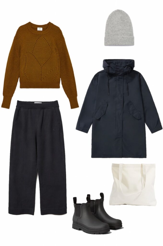 Ochre sweater, wide leg pants, and rain jacket outfit