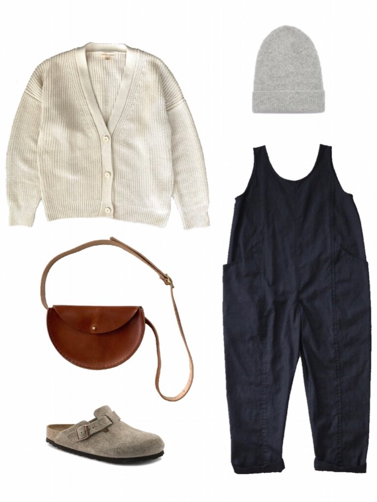 Jumpsuit, cardigan, and clogs outfit