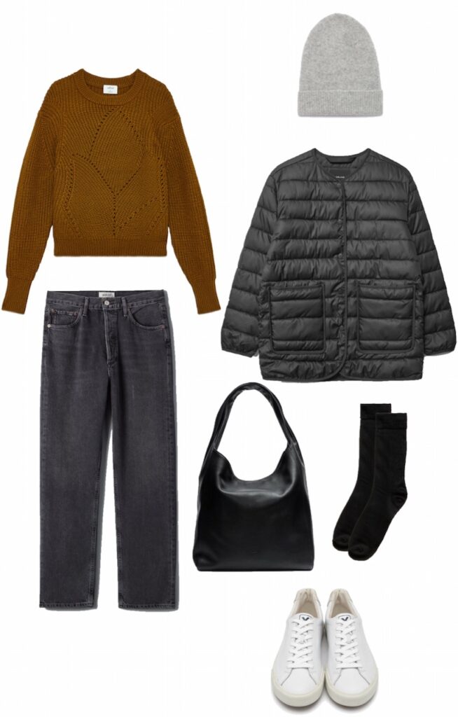 Sweater, jeans, and puffy liner jacket outfit