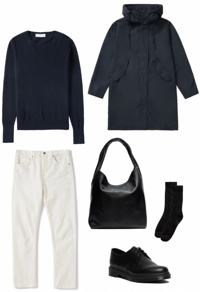 Cashmere sweater, jeans, and rain jacket outfit