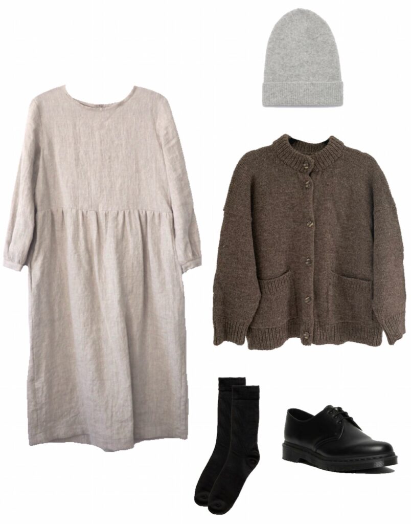 Linen dress and wool cardigan fall outfit