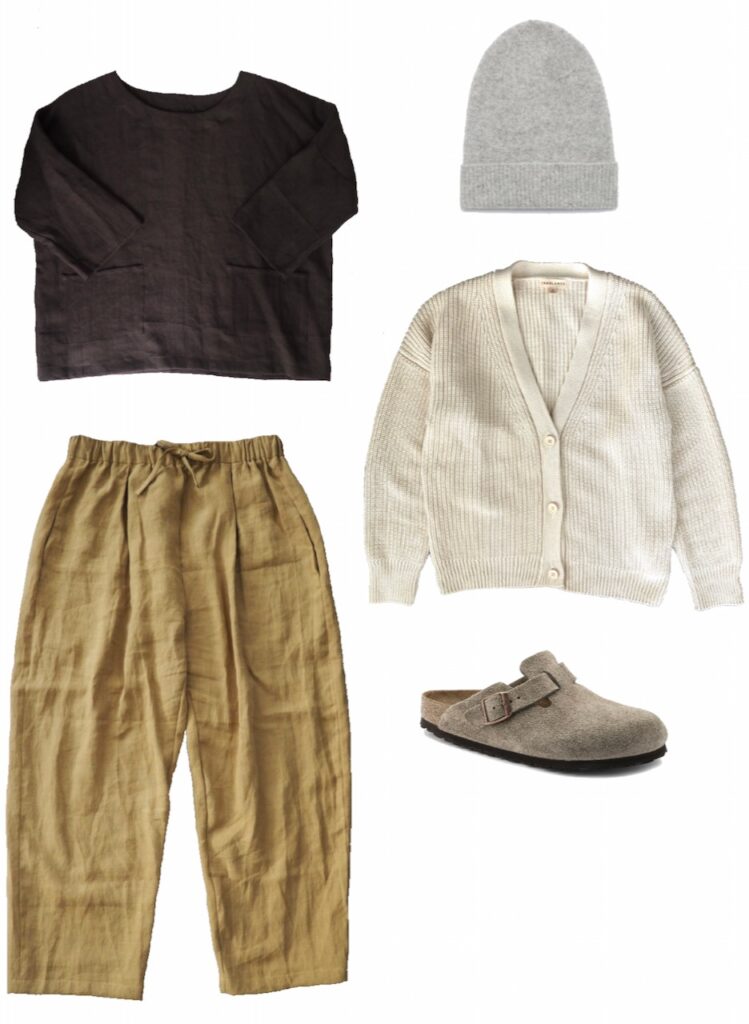 Linen shift top, linen pants, and cotton cardigan outfit