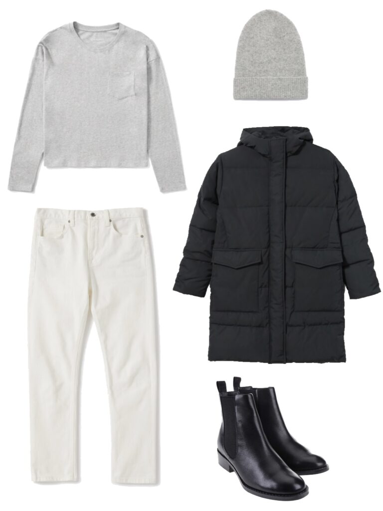 Outfit with grey tee, white denim, black parka, and chelsea boots