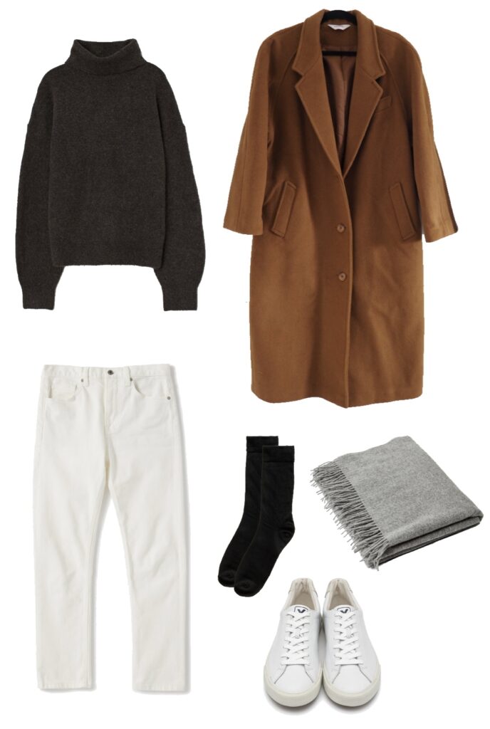 Outfit with charcoal turtleneck, white denim, camel coat, and sneakers