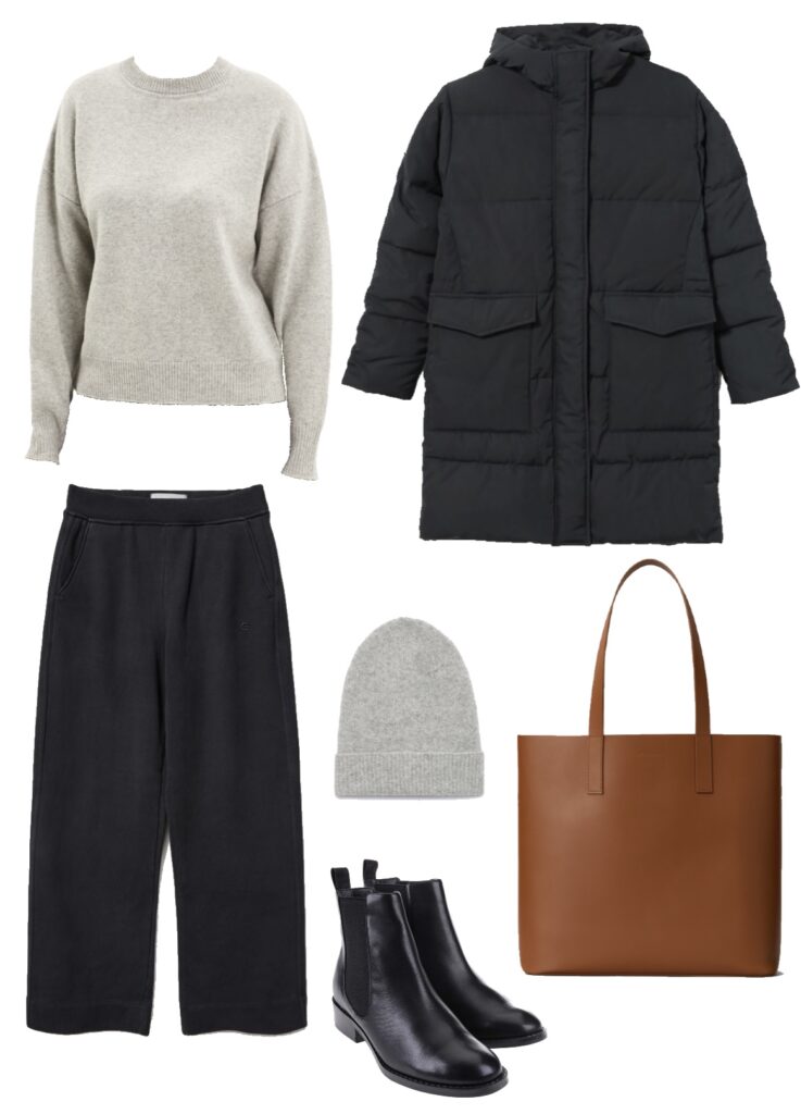 Outfit with grey sweater, black trousers, black parka, and tan tote