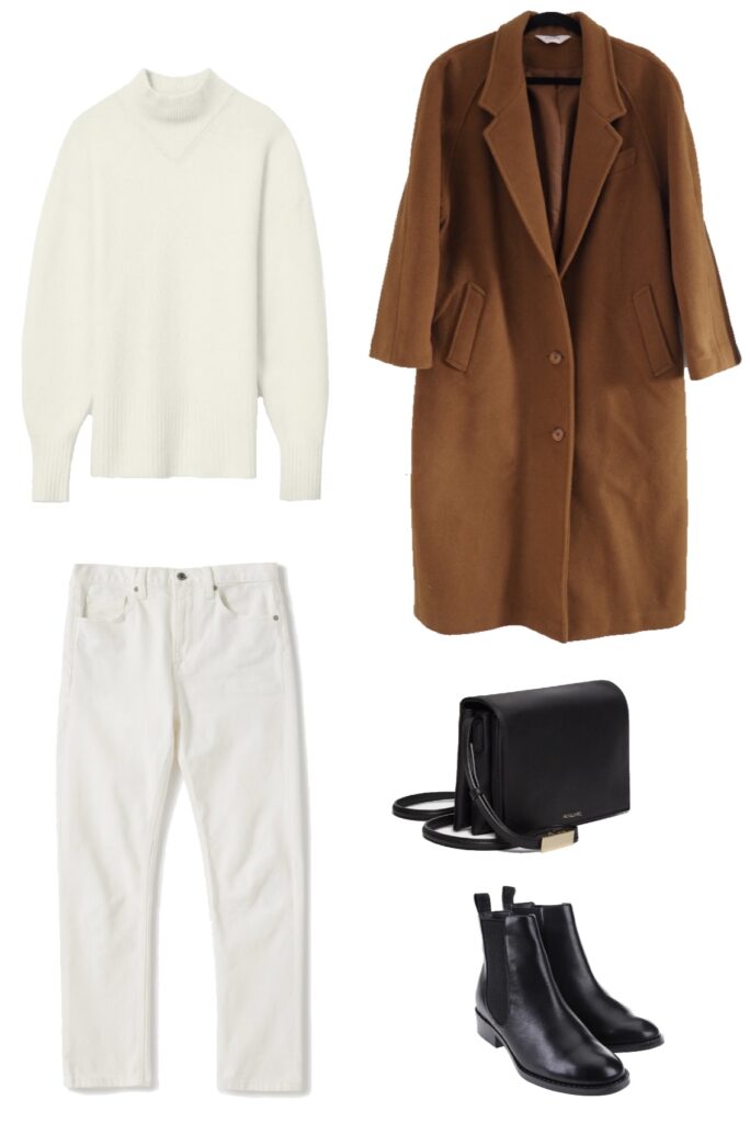 Outfit with cream sweater, white denim, camel coat, and black bag