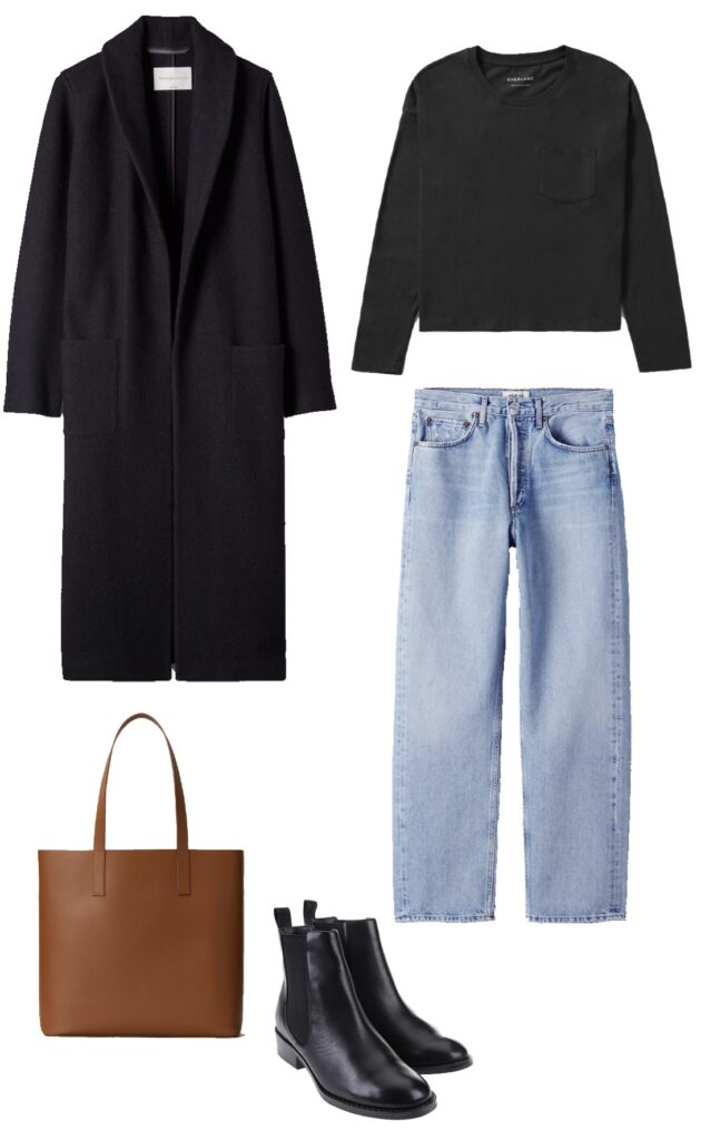 Outfit with black tee, denim, black coat, and tan tote