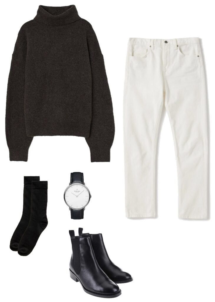 Outfit with charcoal turtleneck, white denim, and black boots