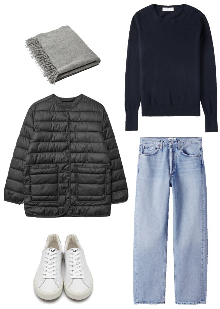 Outfit with navy crew sweater, light denim, channeled liner and white sneakers