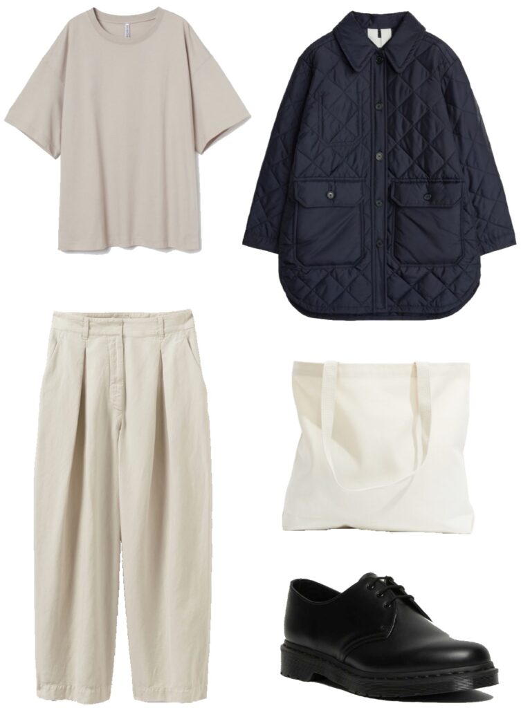 Oversize tee, pleated trousers, quilted jacket, and oxfords