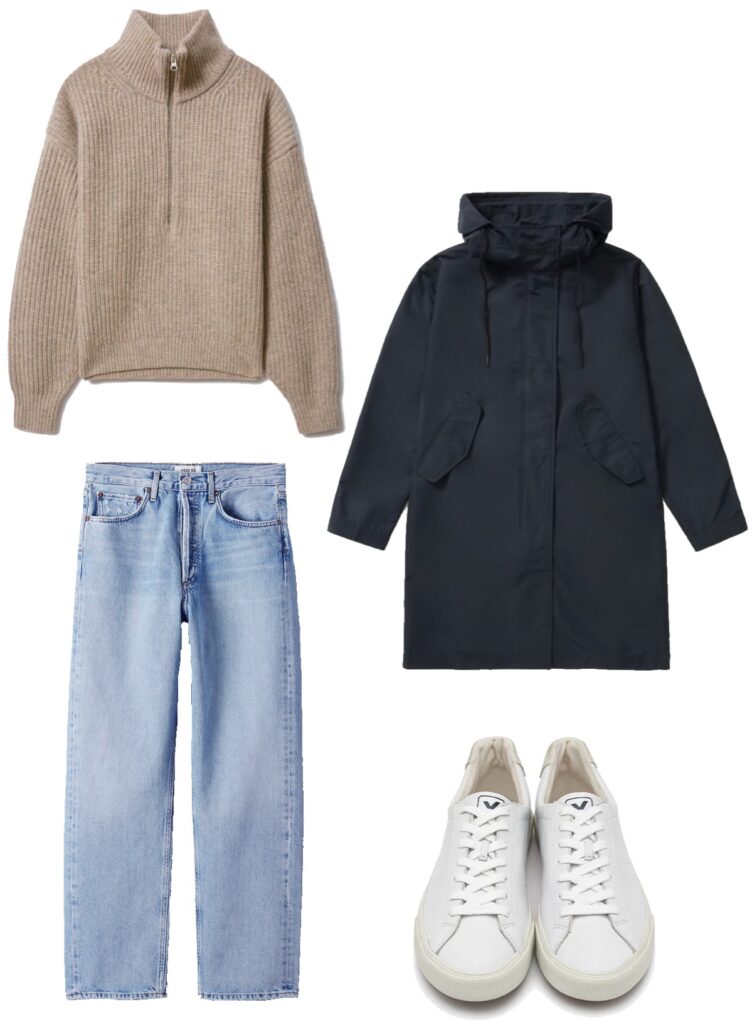 Half zip sweater, light denim, rain coat and sneakers outfit