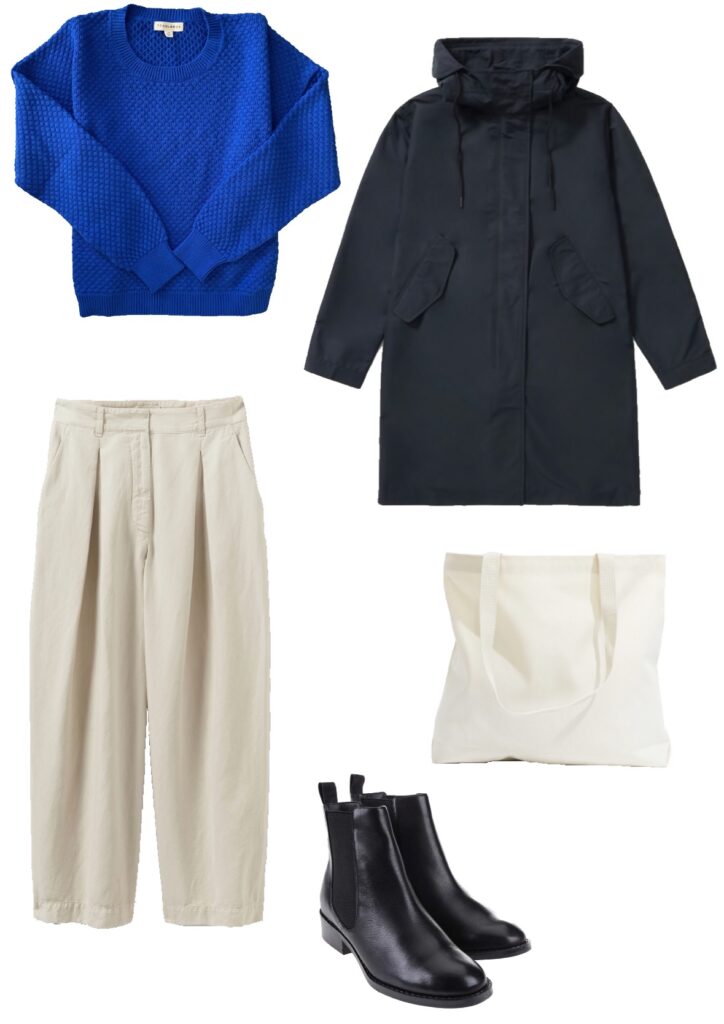 Blue sweater, pleated pants, rain coat and chelsea boots outfit