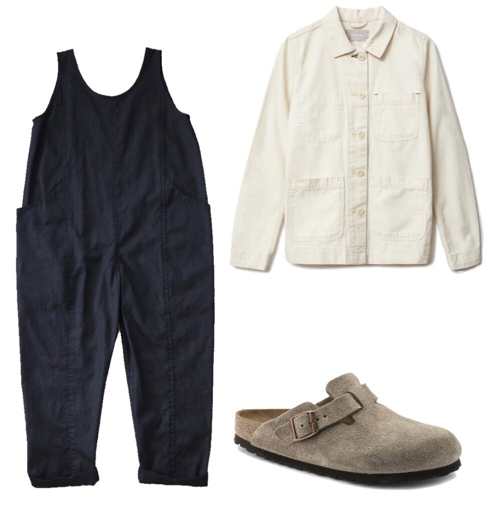 Canvas jumpsuit, chore coat, and clogs outfit