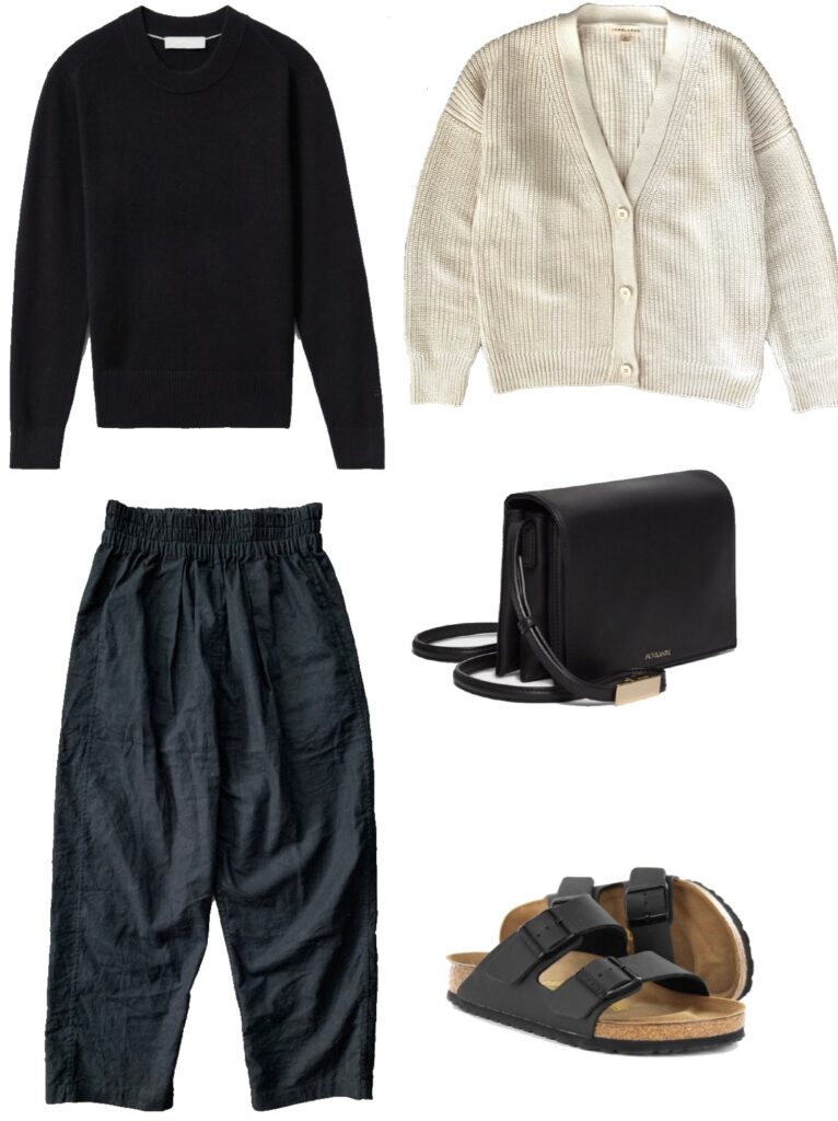 Cashmere crew, linen trousers, cotton cardigan, and sandals outfit