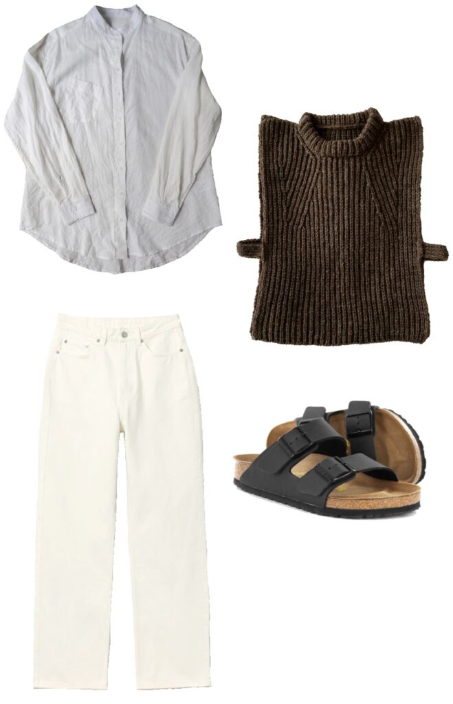 Linen shirt, knit slipover, ecru denim, and sandals outfit