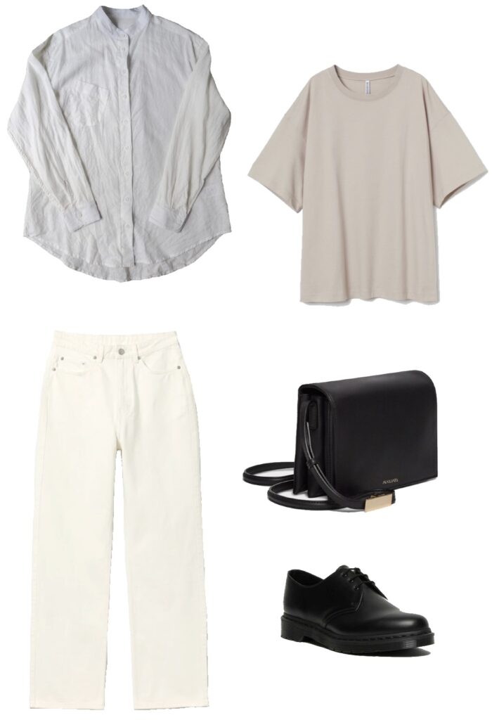 Linen shirt, oversized tee, ecru denim, and oxfords outfit