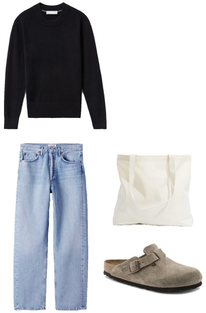 Cashmere crew, light denim, tote bag and clogs outfit