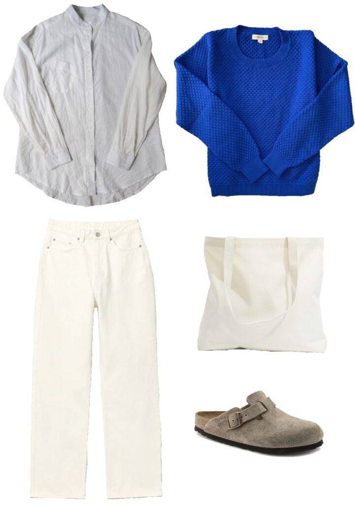 Linen shirt, blue sweater, ecru denim, and clogs outfit