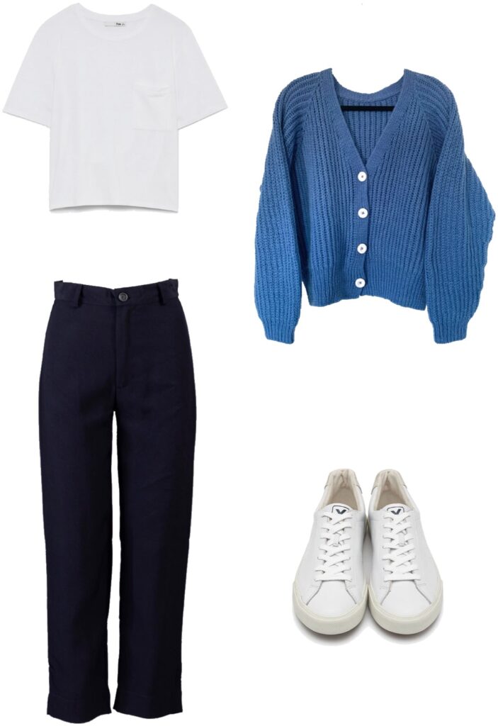 Basic tee, wool cardigan, navy trousers, and sneakers outfit