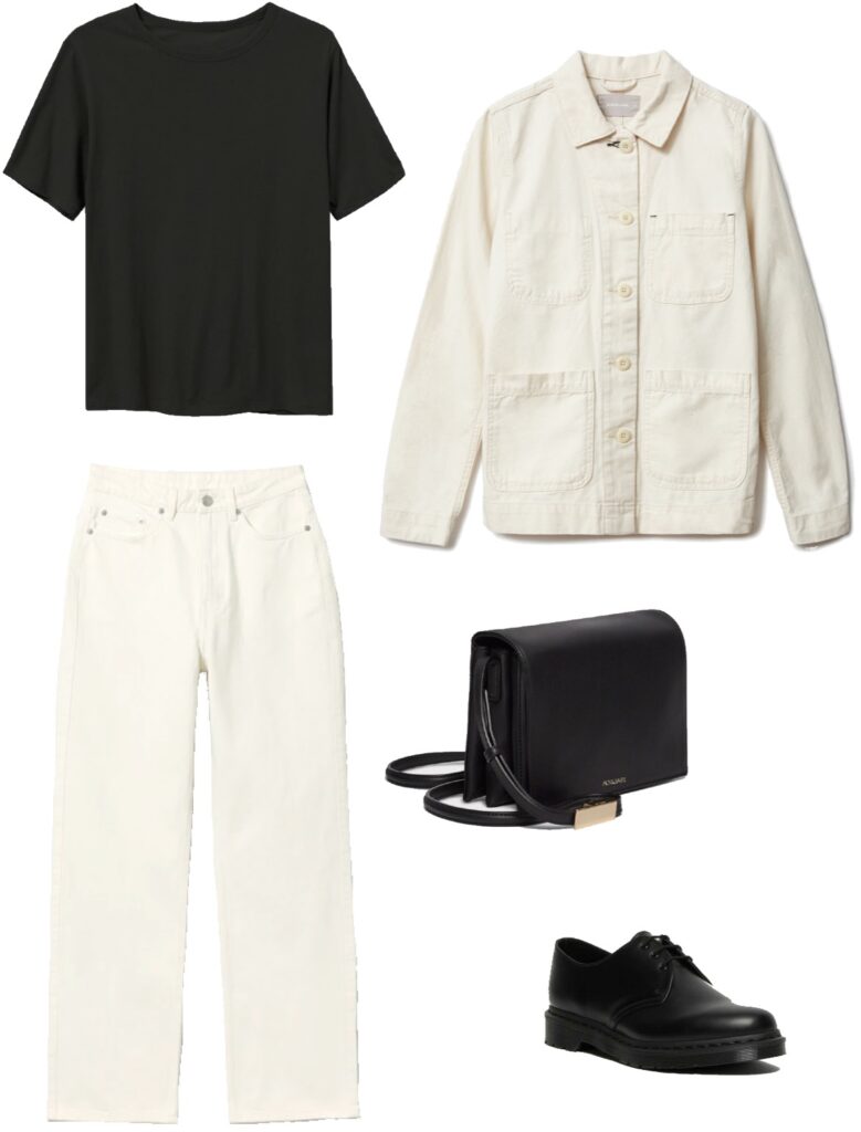 Basic tee, ecru denim, chore coat, and oxfords outfit