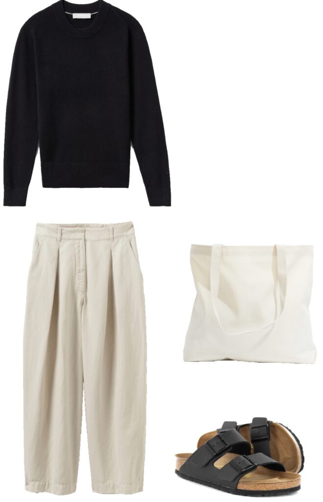 Cashmere crew, pleated trousers, tote bag and sandals outfit