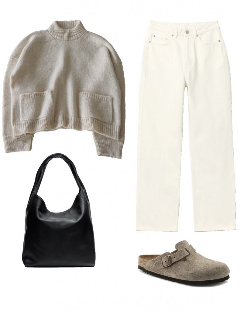 Boxy sweater, white denim and clogs fall outfit