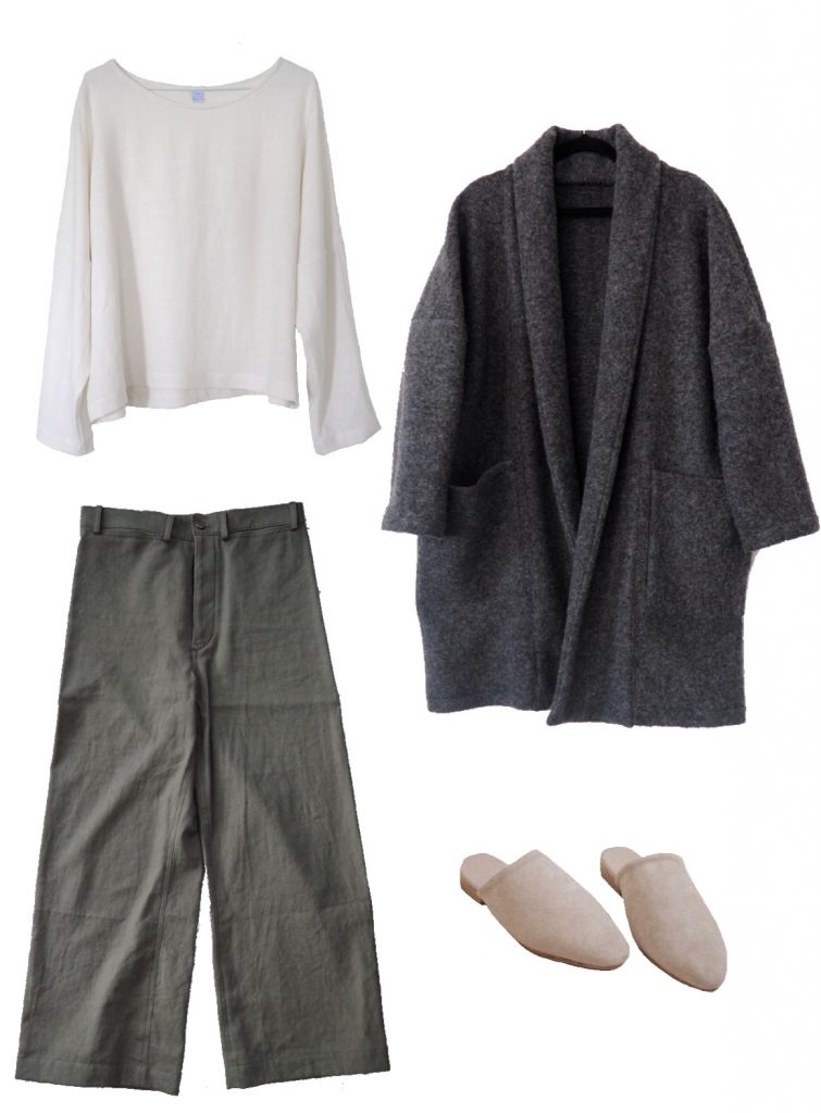 White shirt, side leg pants, wool cardigan and slides fall outfit