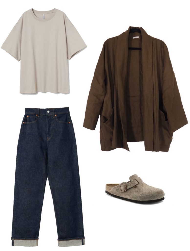 Beige tee, indigo denim, olive jacket and clogs fall outfit