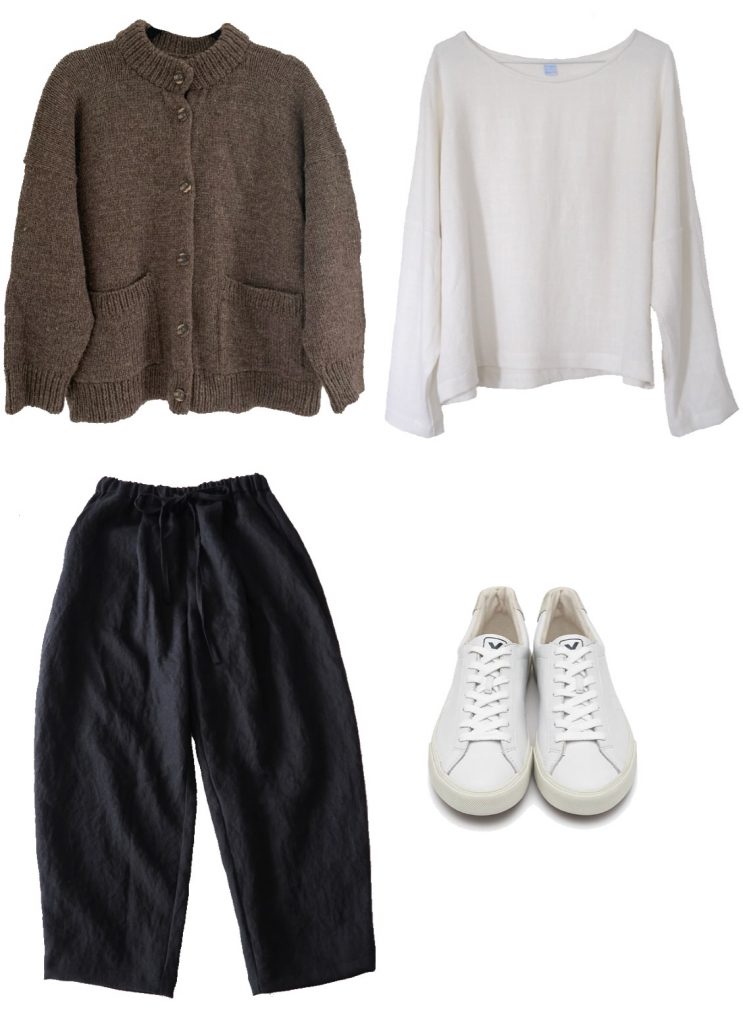 White tee, brown wool cardigan, black linen trousers and white sneakers fall outfit