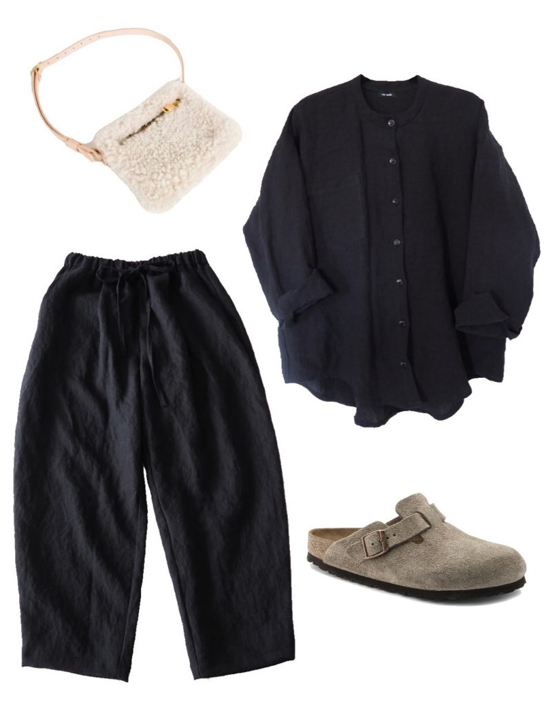 Black linen shirt and pants, shearling fanny pack, and clogs fall outfit
