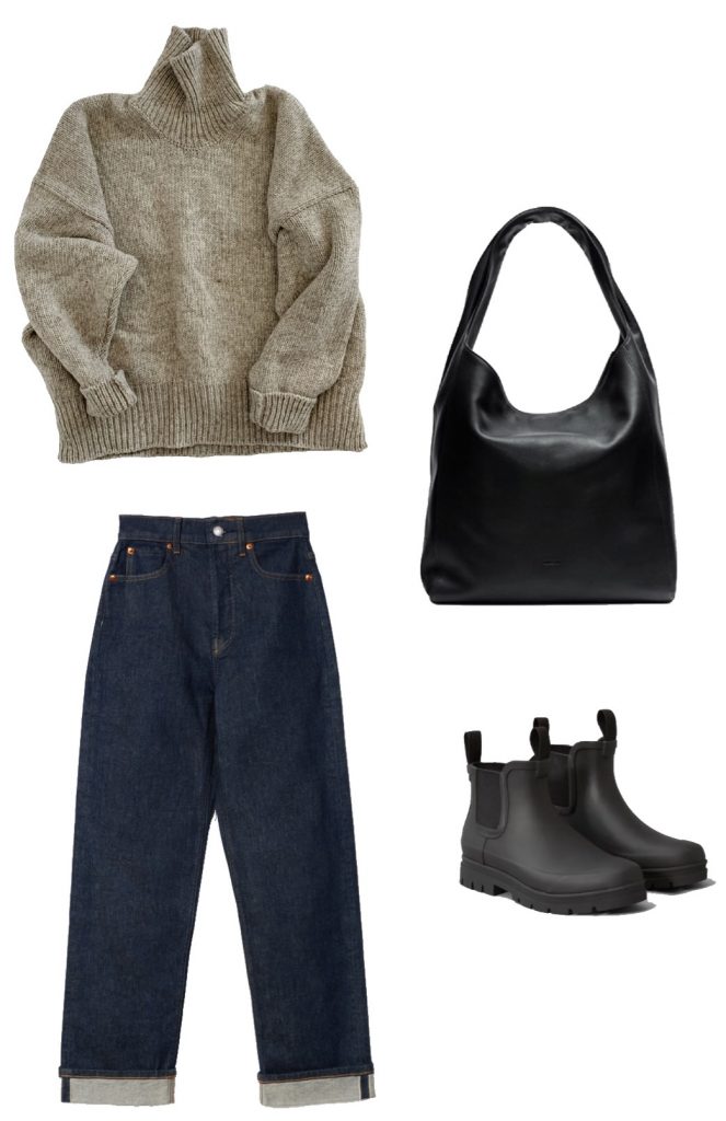 Wool knit turtleneck, indigo denim, leather bag and rain boots fall outfit